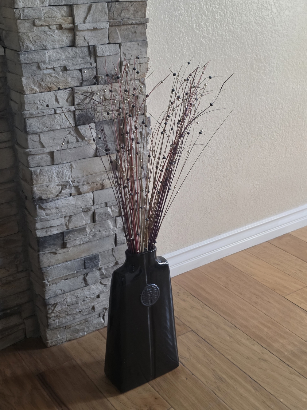 Asian Inspired Black Ceramic Vase Twigs Not Included. Vase 16 Inches Tall.